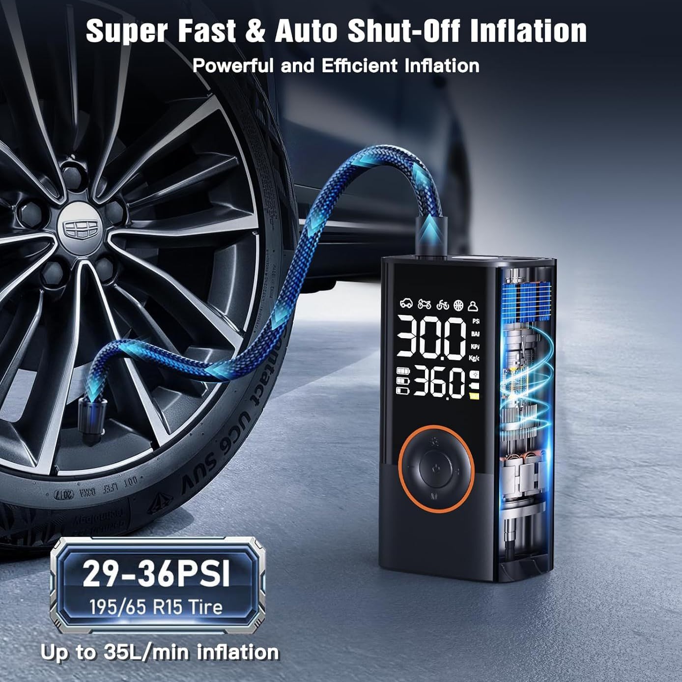 ปั๊มลมอัจฉริยะไร้สายแบบชาร์จไฟ - Car Portable Tire Inflator บทวิจารณ์และราคา